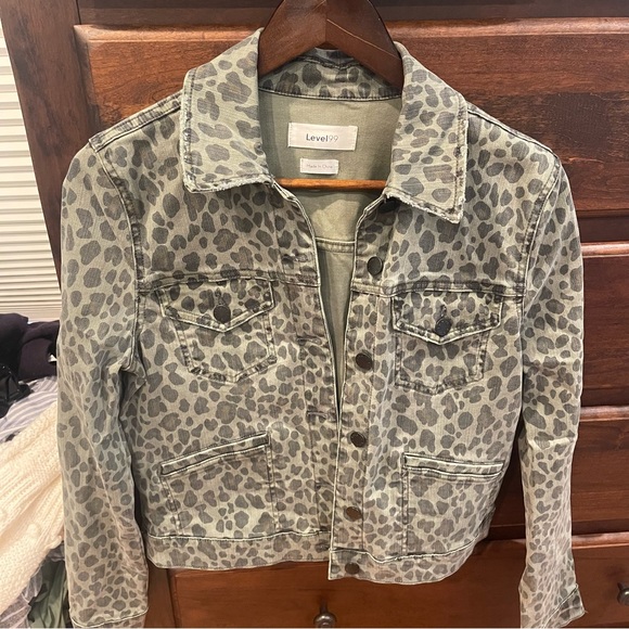 Level 99 Jackets & Coats Level 99 Evereve Ranger Green Leopard Print Cropped Denim Jacket
